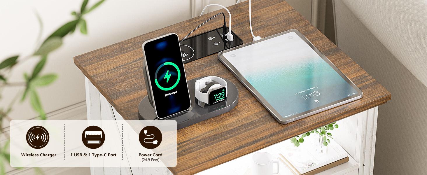 Lvifur Nightstand with Charging Station,Farmhouse End Side Table with 3 Drawers and Open Storage,Smart Bedside Table with LED Light & Human Sensor for Bedroom,