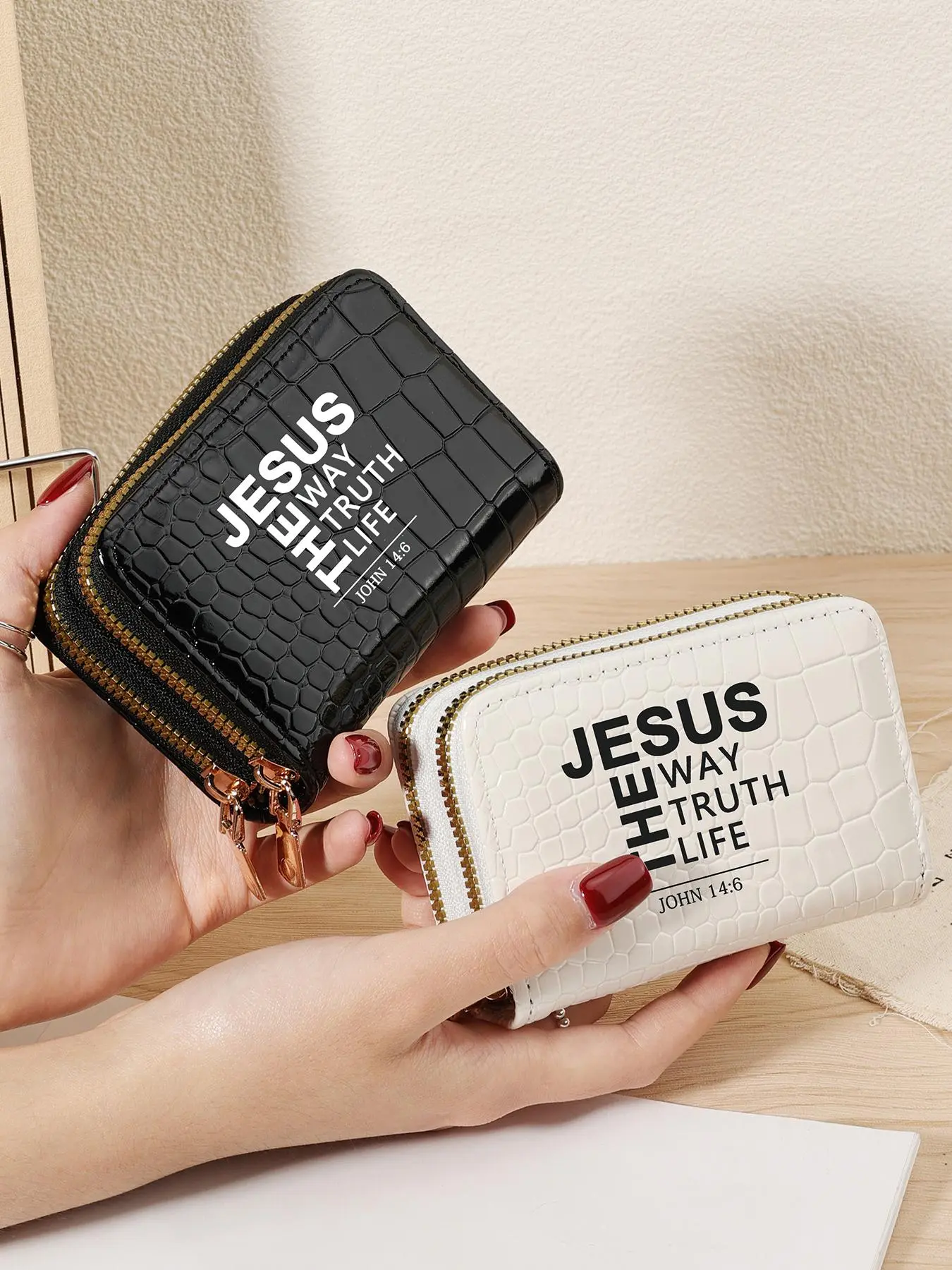 Women's Elegant Letter & Jesus Themed Card Holder, Fashionable Double Zipper Wallet Card Bag, Simple and Casual Multi Card Holder, Exquisite Cardholder