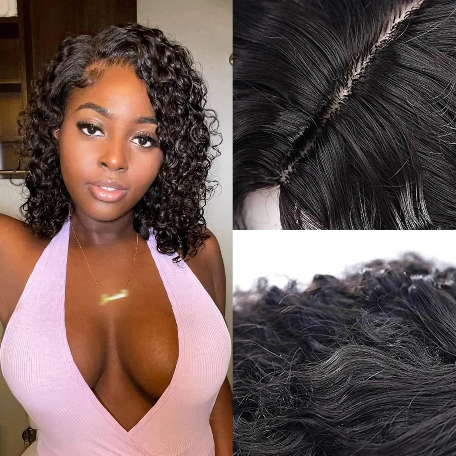 Women's Short Curly Bob Lace Front Wig - Thick Unprocessed Human Hair with 3-Way Part and Elastic Band, Natural Black, Medium Cap Size, Female, Short Curly Bob Wig, Fiber, 3-Way Part Elastic Band, Extra Thick, Soft, Overnight Wigs, Tight And Thick