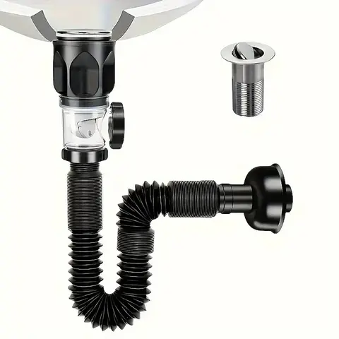 Easy Install Flexible Sink Drain Pipe, Odorless, Durable Stainless Steel & Abs, Anti-Clog, Rust Resistant, 32mm Connection, Bathroom Use, Bathroom Installation Supplies, Plumbing Accessories, Bathroom Fixture Accessories