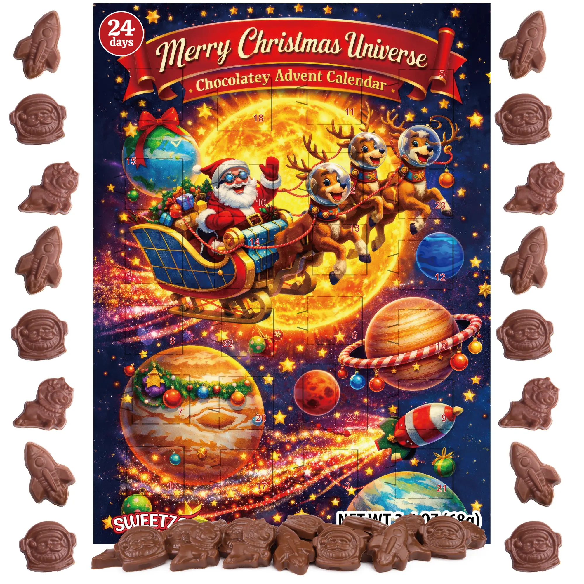 Outer Space Christmas Candy Advent Calendar, 24 Day Countdown with Chocolatey Candy Inside, 2.4 Ounces