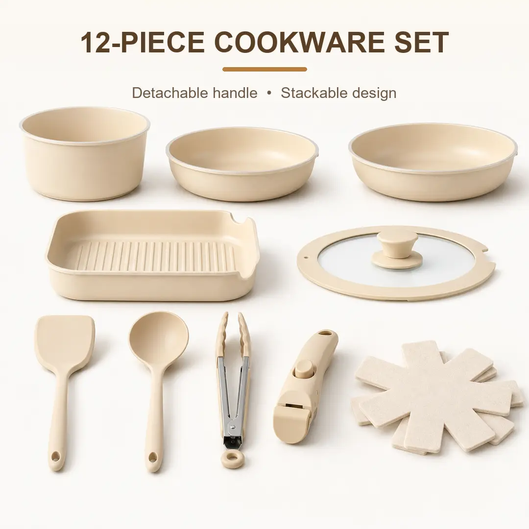 12PCS Nonstick Die-Cast Alum Pots and Pans Set with Dutch Oven, Detachable Handles - Multi-Size, Induction & Oven Safe for Home Cooking, RV & Small Kitchens