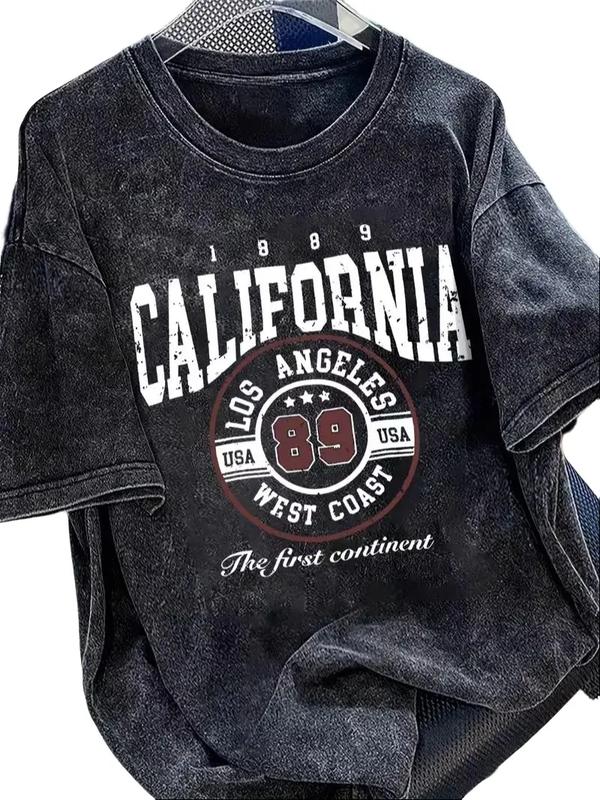 Men's Classic Menswear Shortleeve T-Shirt - 100% Pure Soft Cotton Washed Fabric, California West Coast Distressed Print, Retro Oversized Round Neck Casual Top, Shortsleeve, Tshirt