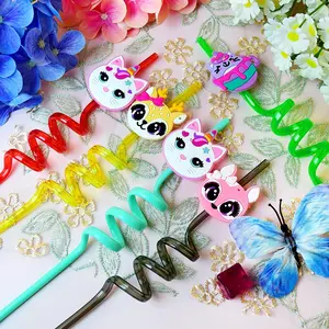 10pcs Cat Head Deer Theme Straws, 27cm Reusable Spiral Straws, Ideal for Milk, Beverages, Parties, Weddings, Beach Gifts