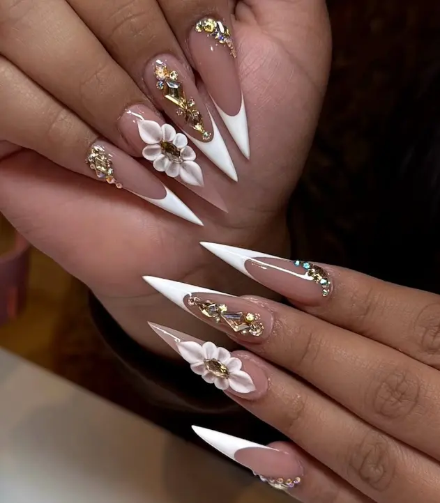 Elegant Long Stiletto White French Tip Press On Nails 3D Flower Rhinestone Gem False Nails Wedding Bridal Fake Nails Full Cover Reusable Acrylic Stick On Manicure Glue On Nails for Women Luxury Set