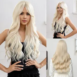 Bangs-style synthetic wig, golden color, middle parting, long curly hair, high-temperature fiber wig for women