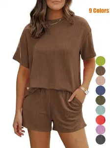 Women's Solid Soft Twisted Ribbed Knit Textured Pocket Shorts Set, Casual Short Sleeve T-shirt & Elastic Waist Shorts, Ladies Summer Clothes for Daily Wear