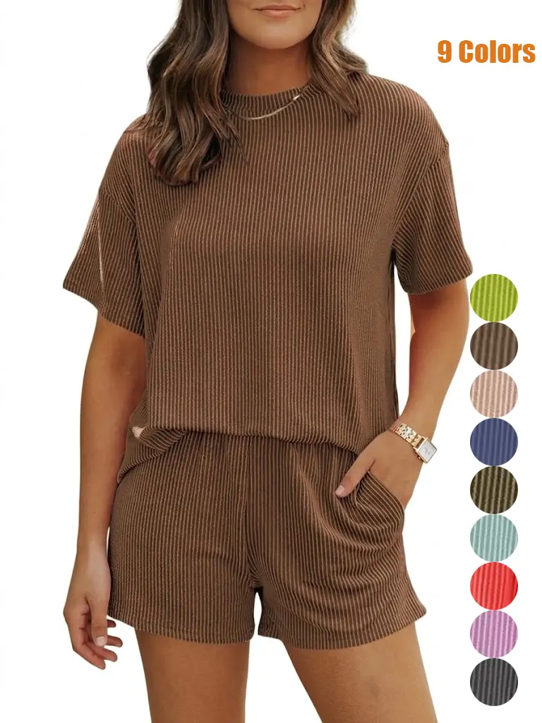 Women's Solid Soft Twisted Ribbed Knit Textured Pocket Shorts Set, Casual Short Sleeve T-shirt & Elastic Waist Shorts, Ladies Summer Clothes for Daily Wear