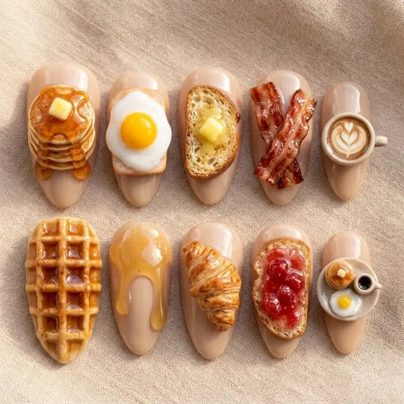 3D Cozy Morning Press On Nails Pancake Coffee Breakfast Nail Art Cute Food Nails