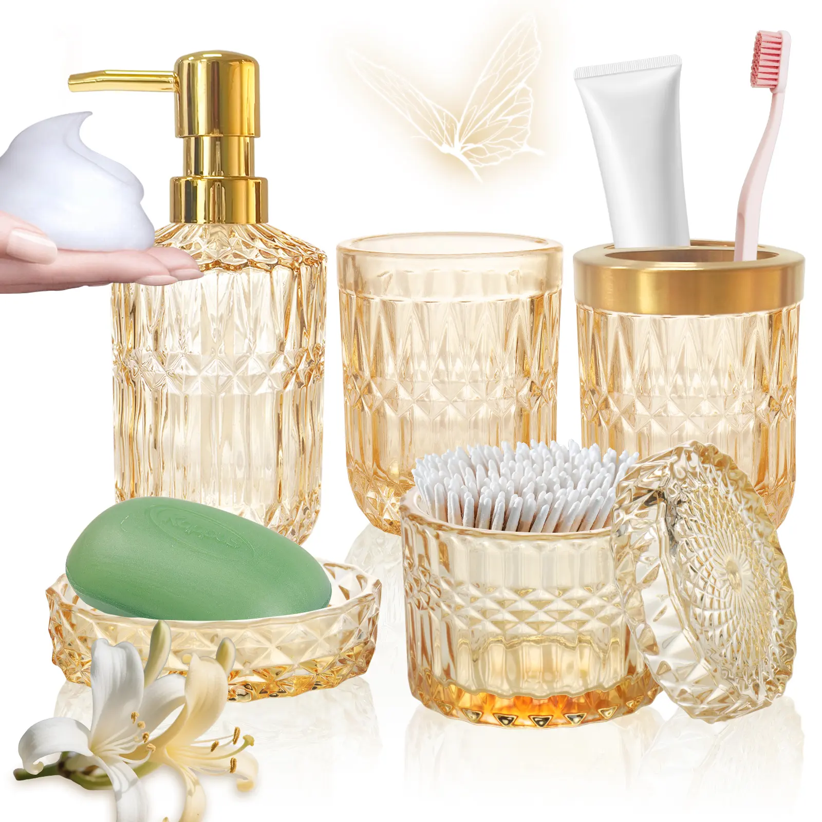 Modern Gold Sturdy Durable Glass Bathroom Organizer Set (5-Pack) - Leak-Proof Accessory Kit with Soap Dispenser, Soap Dish, Toothbrush Holder, Tumbler, Cotton Swab Jar - Cost-Saving Home Gift for Valentine's Day, Mother's Day, Water Proof Bottles