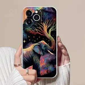 Enchanted Elephant Pattern Straight Edge Phone Case for iPhone 16 15 14 Pro Max 13 12 11 XR XS Plus Shockproof Full Camera Protection Durable Slim Silicone Cover