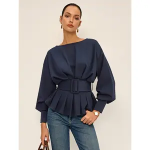 Boat Neck Peplum Sweatshirt with Wide Belt Boat Neck Peplum Sweatshirt with Wide Belt