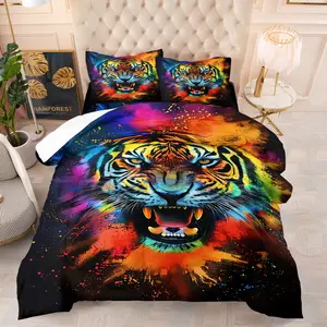 2/3Pcs Colorful Psychedelic Tiger Comforter Set, Vibrant Watercolor Splatter Bedding Set with Pillowcases, Soft All Season Cozy Wild Animal Print Quilt, Cool Trendy Bedding for Bedroom Dorm, Ideal Gift