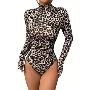 Women’s leopard-print high-neck long-sleeve jumpsuit, elegant, form-fitting, comfortable autumn and winter bodysuit, stretchy jumpsuit GARMENTARY