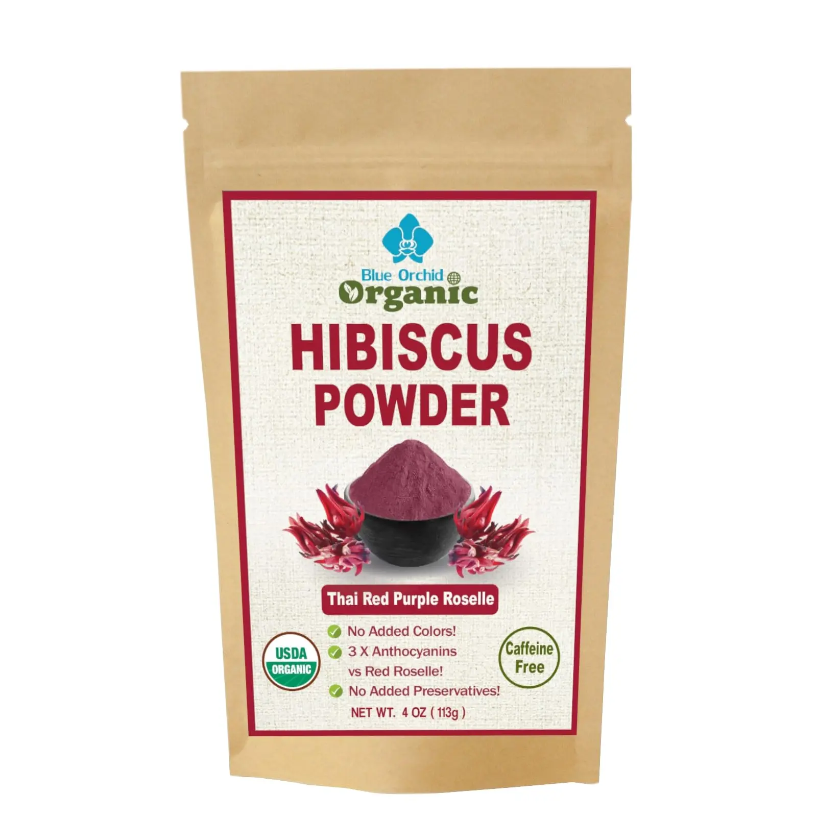 USDA Certified Organic Hibiscus Flower Powder - Sun Dried Thai Red Purple Roselle Herb - Matcha Powder for Tea Drinks Health Beauty