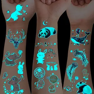 12 Blue Glowing Animal Tattoo Stickers, Cute Cartoon Panda Deer Jellyfish Duck Elephant Rabbit Butterfly Goldfish, Party Decorations, Fake Tattoos