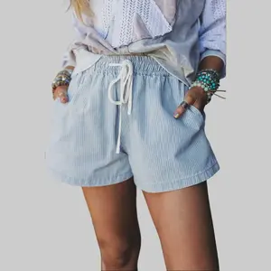 Dear-Lover Women's Striped Sky Blue Denim Bottoms, Breathable Soft Fabric Lady's Casual Shorts with Drawstring Elastic Waist & Adjustable Comfort Fit