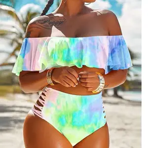 (Take 10% Off) Ladies Tie Dye Off Shoulder Tankini Set