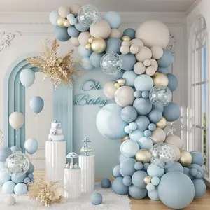 141-Piece Dusty Blue Balloon Arch Kit with Gold, White, and Confetti Balloons for Parties