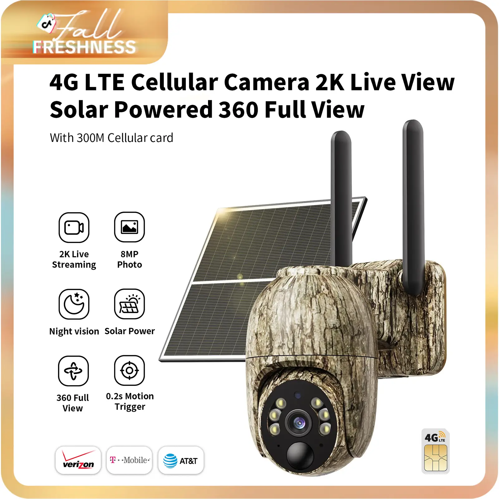 [FallFreshness] 4G LTE Cellular Solar Surveillance Camouflage Security Camera – 2K HD Video 360° View,No WiFi, Remote APP Controlled,WaterProof,Motion