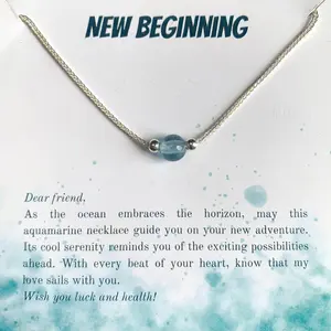 Custom Gift for New Beginning Aquamrine Nacklace Mix 925 Sterling Silver, Gift for Her With Mesage Card, Lucky Natural Crystal Jewelry black tourmaline