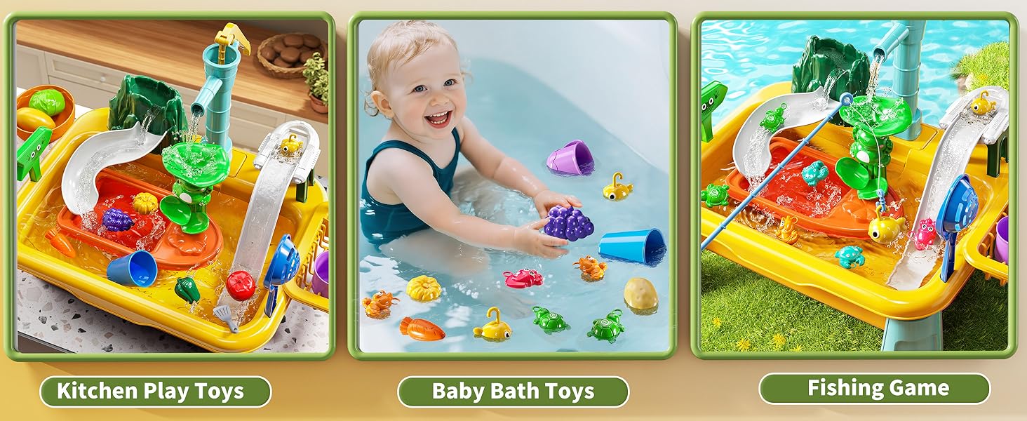 Play Sink with Running Water（ Fishing Games ）, Pretend Play Kitchen Sink with Upgraded Electric Faucet, Realistic play set learning cookingset Plastic Toy Outdoorfun Fun Cleaning Playset，Girls Role Play Gift#SummerVibes