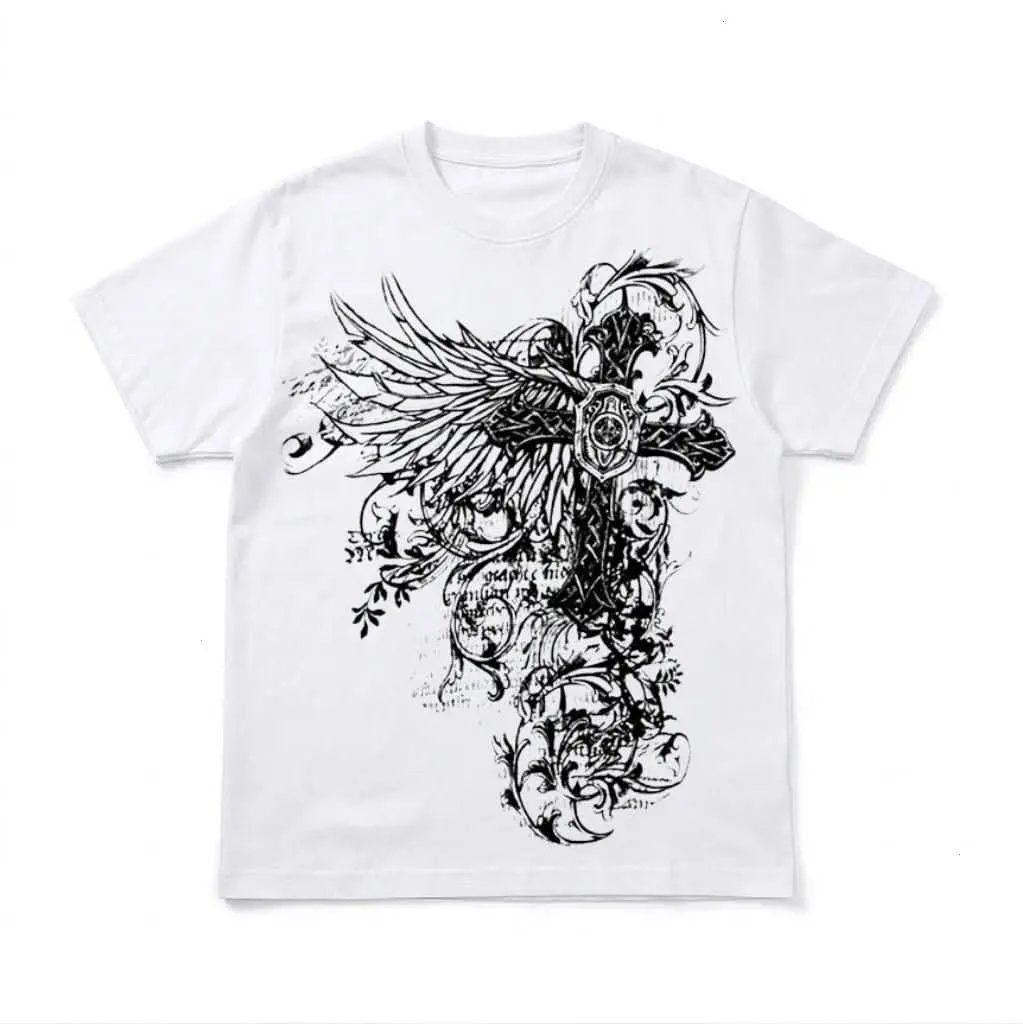Cross Winged Streetwear Tee - Gothic Tribal White Shirt