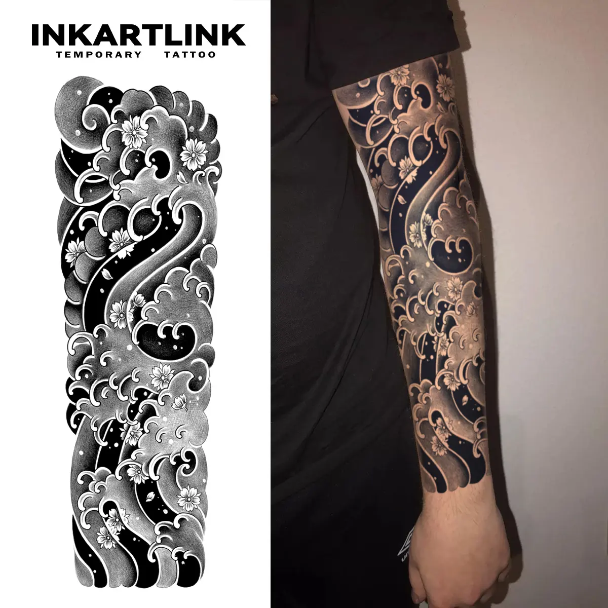 INKARTLINK Realistic Fake Tattoos - 2 Semi-Permanent Arm Sleeve Sheet Tattoos (Design 8) for Adults, Glue-Free, Waterproof, No Reflection, 1-2 Weeks Long-Lasting, All Skin Types, Ideal for Swimming Party
