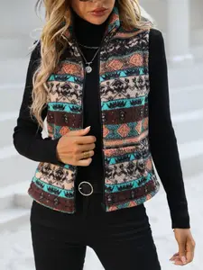 Women's Elegant Plant Pattern Vest Jacket, Stand Collar Sleeveless Coat with Pockets, Fall Winter Layered Outerwear for Casual & Formal Wear