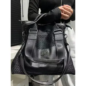 Ladies' fashionable and casual large capacity mesh splicing shoulder bag, Hobo Shoulder Bag, rivet shoulder strap retro street style city bag bucket bag, simple mesh splicing crossbody bag, suitable for daily use and commuting