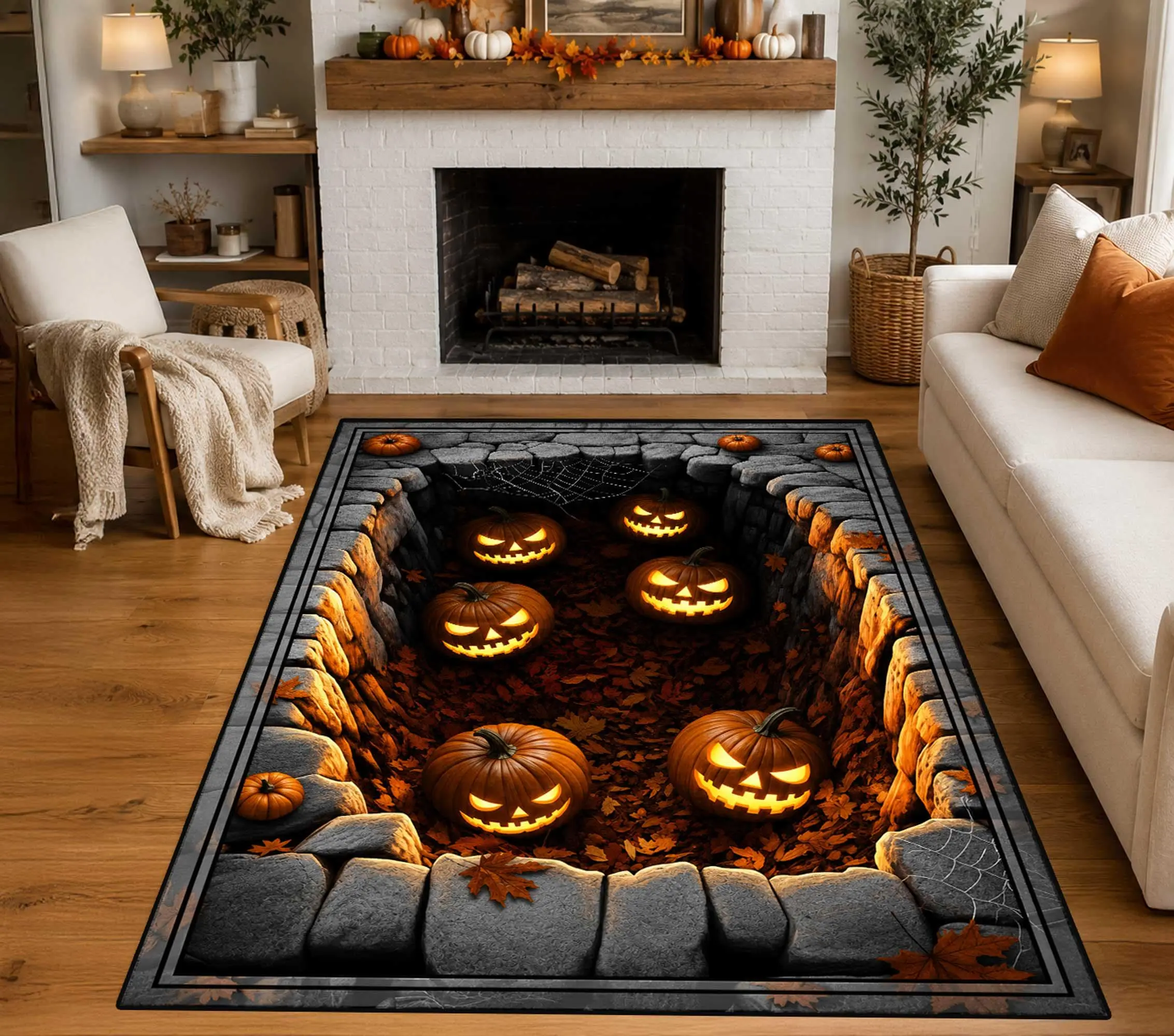 Halloween Pumpkin Area Rug – Spooky Jack O Lantern 3D Pit Illusion Floor Rug, Gothic Fall Living Room Decor, Creepy Autumn Home Accent