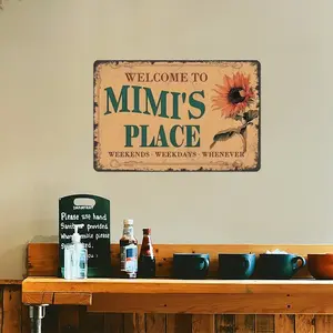 1PC Vintage Aluminum Sign, Welcome To Mimi's Place, Rustic Home Decor, Floral Wall Art, Perfect High-Quality Metal, 8x12 Inches home decor plaque funny bar sign Rectangle Design Plaque Gift