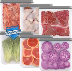 Lerine 6-Pack 1-Gal PEVA Kitchen Food Storage Bags, Reusable BPA-Free Leakproof Double Closure Seal, Freezer & Dishwasher-Safe for Marination, Home Organization (Gray), Gallon