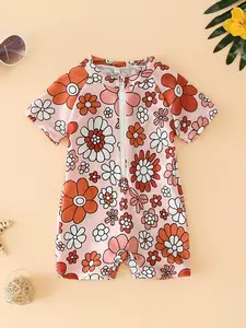Girl's Floral Print Zipper One-piece, Casual Cute Short Sleeve Swimwear for Beach Holiday Vacation, Kids Swimsuit for Summer, Toddler Swimsuit