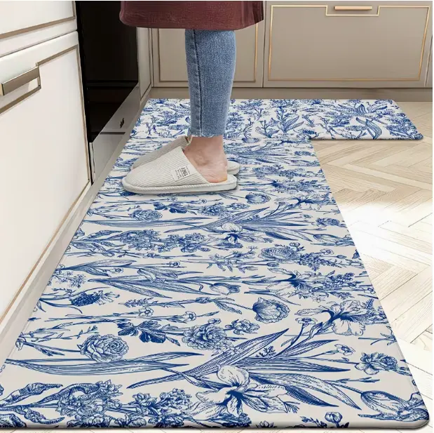 2 Pack Spring Floral Plant Print Flannel Kitchen Rug, 0.47 Inch Thick Non-Slip Durable Comfort Standing Runner Mats, Machine Washable Decor Floor Carpet for Kitchen Sink, Laundry Room, Bathroom, Home & Office, Two Sizes: 15.75"×23.62", 17.72"×47.24"