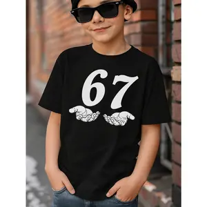 Young Boy's Minimalist "67" Hand Holder Floating Number 67 Graphic Funny MEME Graphic Cotton T-Shirt For Young Boys, Black 100% Cotton T-shirts With Floating Number Graphic Stranger Style Up Side Down Things/67 MEME Shirt, Funny MEME 67 Tween Boy T-shirt,