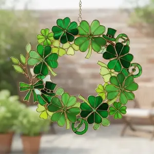 St. Patrick's Day Clover Wreath Suncatcher, Lucky Four Leaf Shamrock Window Hanging, Irish Heritage Wall Art, Green Leaf Decor, Lucky Gift