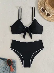 Two-Piece Set Women's Colorblock Bikini Set, Casual Adjustable Strap Knot Front Swim Top & High Waist Swim Bottom, Two-piece Swimsuit for Beach Holiday Vacation