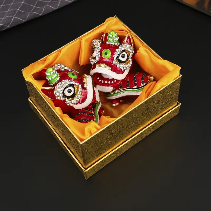 Enamel Jewelry Box Set, Chinese Style Lion & Qilin Keychain, Pair of Enamel Painted Boxes, Perfect Gift for Souvenir Collectors