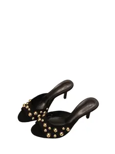 New Summer Open-Toe High Heeled Sandals for Women Footwear, Studded Design Soft Leather with Big Size, Sexy Slip-On Mules for Casual Wear
