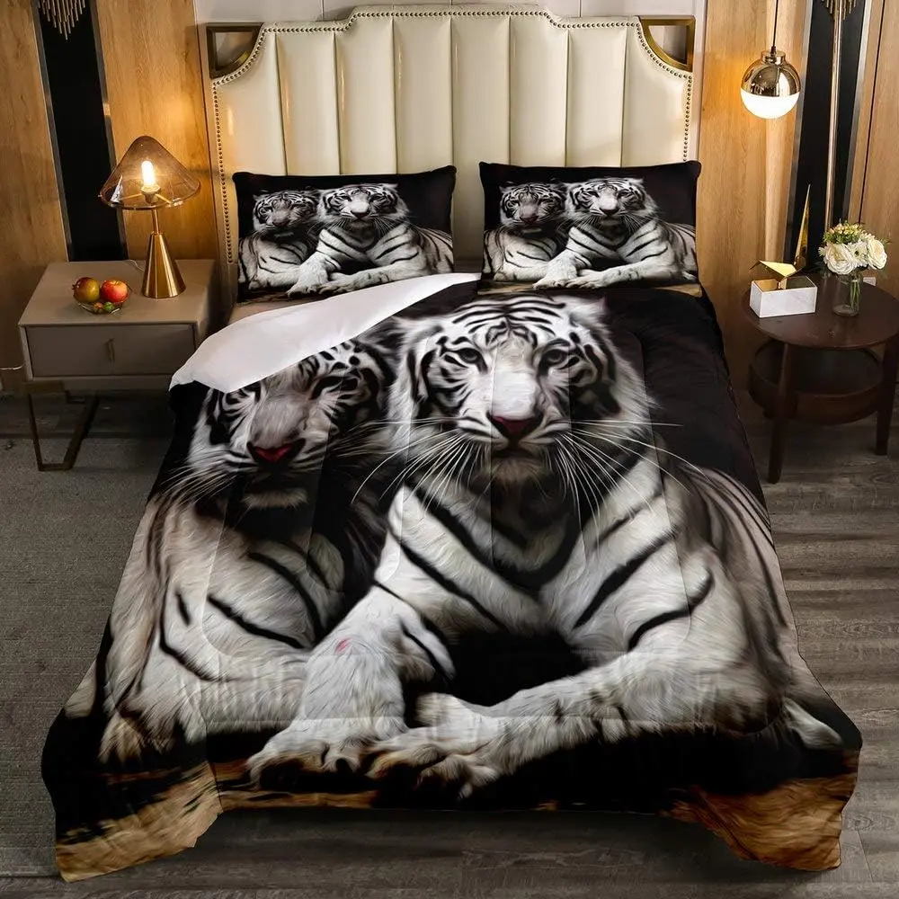Feelyou White Tiger Animal Print Bedding Set - Gray Black Striped Skin Friendly Soft Warm Cozy Blanket, African Safari Quilted Duvet, Soft Bed Blanket for Kids Teens, Skin Friendly Blanket