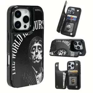 Cool and Dominant Tough Guy Pattern Leather Card Holder Phone Case, Suitable for iPhone 17 Air/16 Plus/15 Pro Max/14 Pro/13/12/11/XS Max/X Phone Case, Perfect Gift Choice for Thanksgiving and Christmas for Family, Friends, Lovers, Boyfriend, Girlfriend