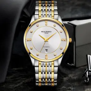 Men's Silver Gold Two Tone Automatic Mechanical Watch, Minimal Silver White Dial Crystal Diamond Hour Markers Date Window Seven Link Two-Tone Stainless Steel Bracelet Elegant Business Dress Wrist Watch