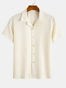 Men's Stretch Waffle Knit Solid Color Plain Short Sleeve Shirt, Casual Button Down Shirt, Breathable Fabric for Summer, Beach, and Daily Wear, Casual Breathable Elegance, Top, Menswear