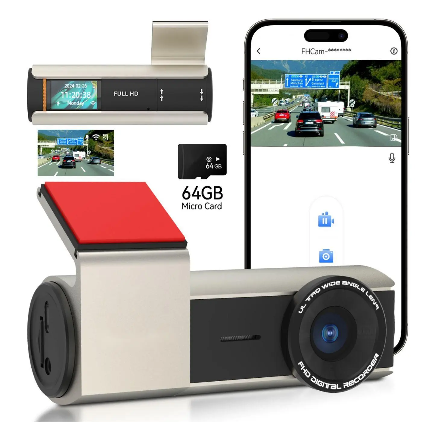 BCUOZ dash cam with WIFI, 1440P car camera 64G card