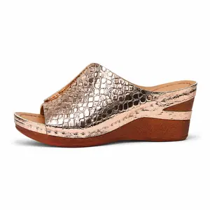 Women’s crocodile print wedge mule sandals, metallic open-toe slip-on platform heels, summer casual comfortable wedge shoes for women