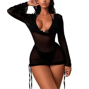 Women's  3 Piece Swimsuits Halter Triangle Bikini Set with Drawstring Semi Sheer Cover Up Bathing Suit