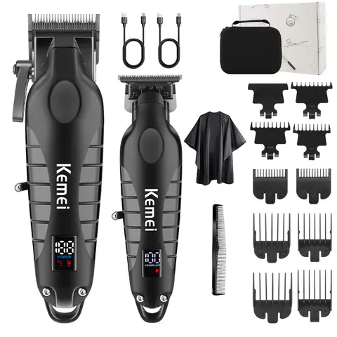 KEMEI Professional 2-Piece Cordless Barber Tool Set - 5V/1A USB Charging Battery-Powered Hair Clipper, 0-Gapped T-Blade Trimmer, Adjustable Blade/Guard, ABS Build, for Face/Body Hair Trimming, Students