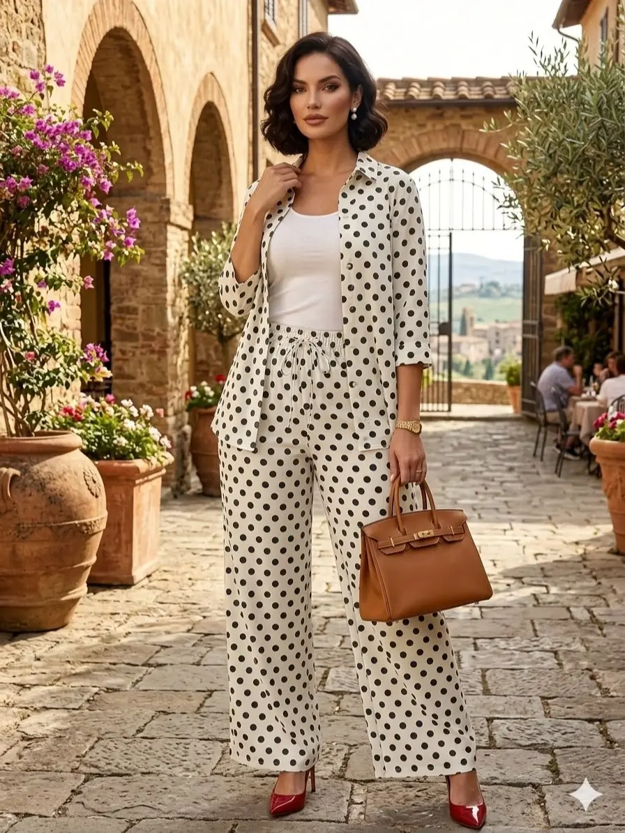 WENRY Women's Elegant Polka Dot 2-Piece Pants Set - Wide Leg Pants with Matching Inner-Button Up Shirt - Ideal for Formal, Lounge Occasions