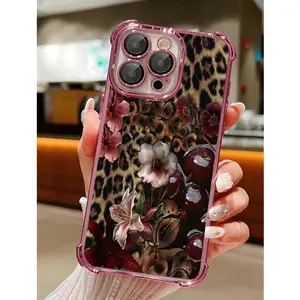 A leopard print cherry blossom phone case, featuring corner drop protection, a transparent soft anti-slip design, and camera protection. Made of durable silicone, it is compatible with iPhone 17/16/15/14/13/12/11. It's the perfect holiday gift for friends